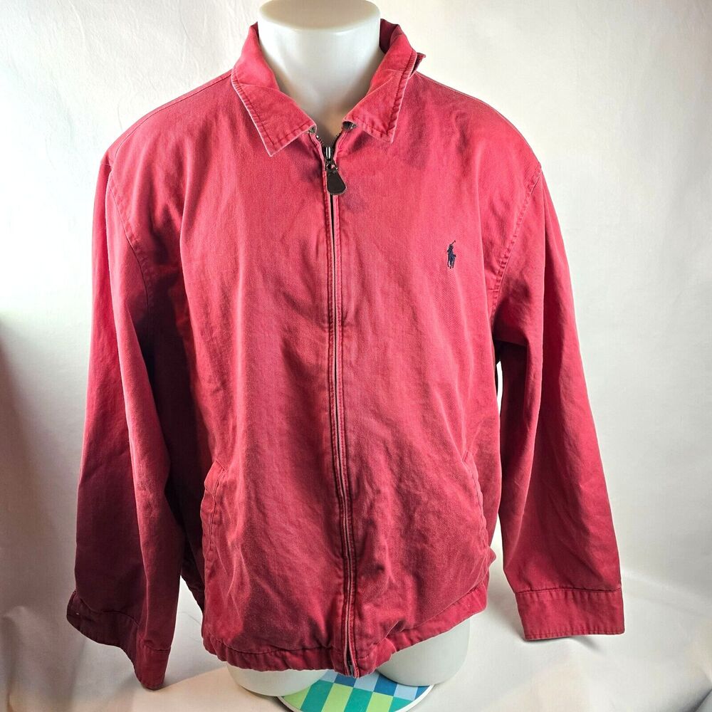 Polo Ralph Lauren Jacket Mens 2XL Red Bomber Collared Red Cotton Canvas Full Zip